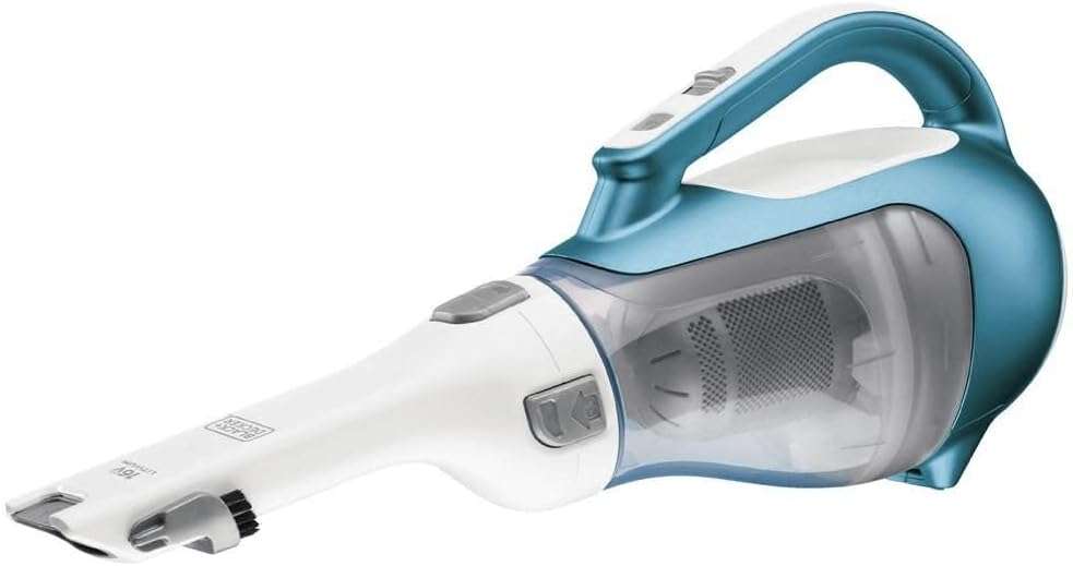 BLACK+DECKER Dust Buster Advanced Clean CHV1410L cordless handheld vacuum in use on a kitchen counter, showcasing its sleek design and portability for quick clean ups.