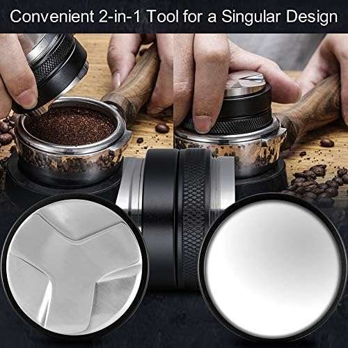 53mm coffee distributor and tamper designed for Breville espresso machines, placed on a coffee station with freshly ground coffee and espresso shots in the background."