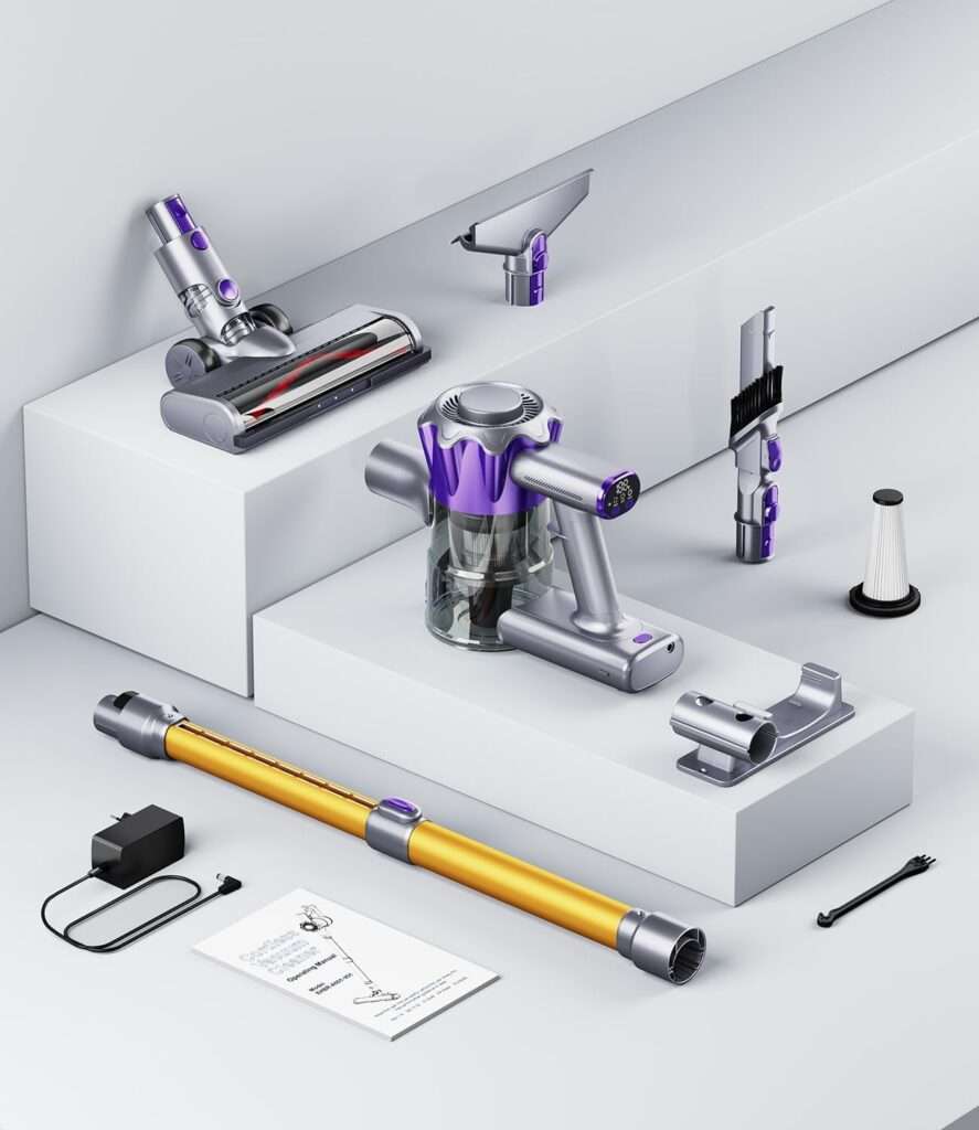 A vacuum cleaner A vacuum blush A sleek cordless vacuum effortlessly removes pet hair and dust bunnies from a carpeted floor, showcasing its lightweight design and powerful suction