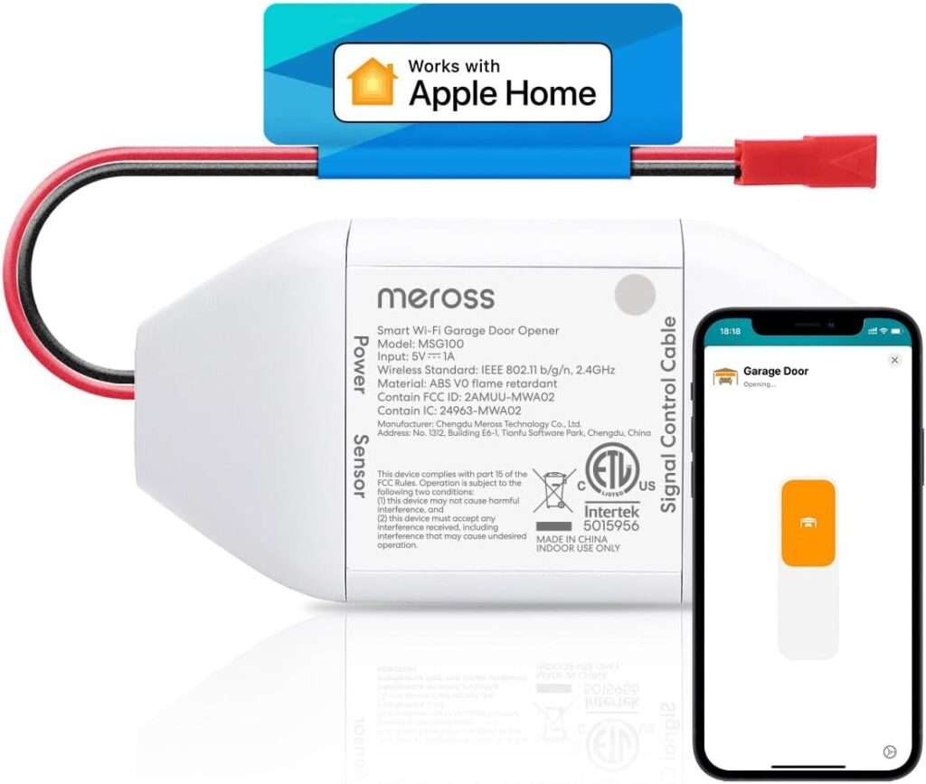 Meross Smart Garage Door Opener mounted on a garage ceiling with smartphone displaying the companion app, showcasing hub-free integration with Apple HomeKit, Alexa, and Google Assistant