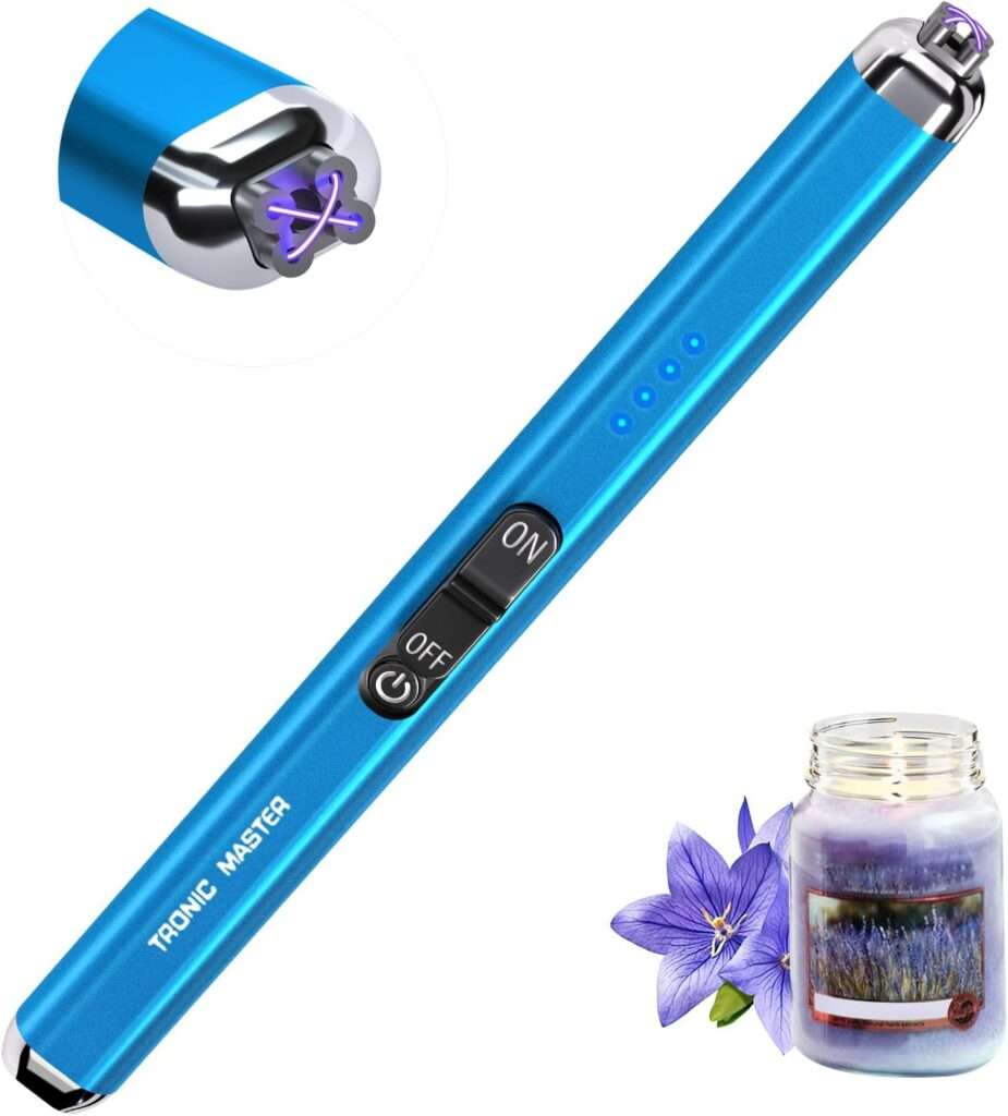 Sapphire Blue Electric Candle Lighter with dual plasma arcs, windproof and flameless, on modern counter. electric candle