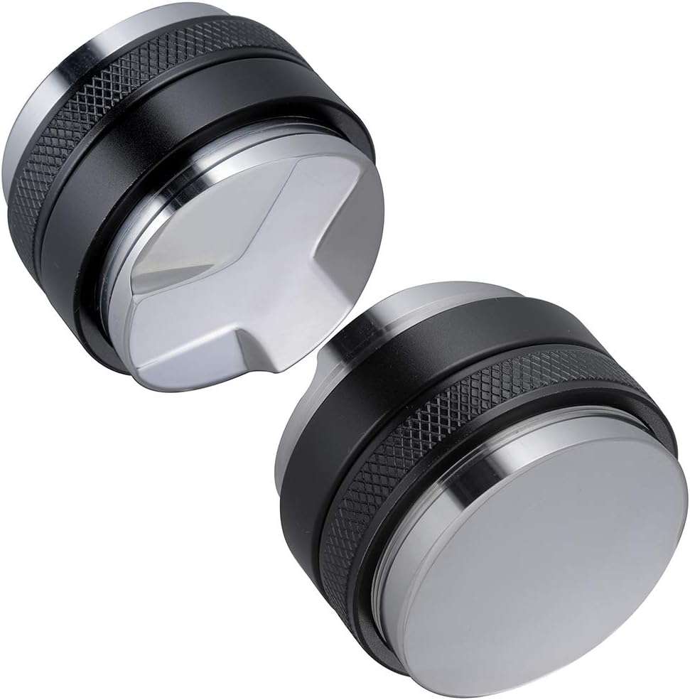 53mm coffee distributor and tamper designed for Breville espresso machines, placed on a coffee station with freshly ground coffee and espresso shots in the background."