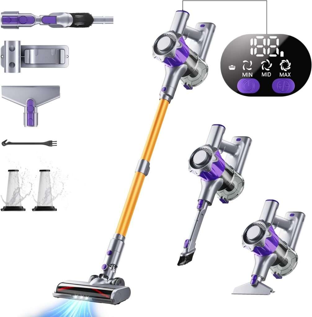 A sleek cordless vacuum effortlessly removes pet hair and dust bunnies from a carpeted floor, showcasing its lightweight design and powerful suction.