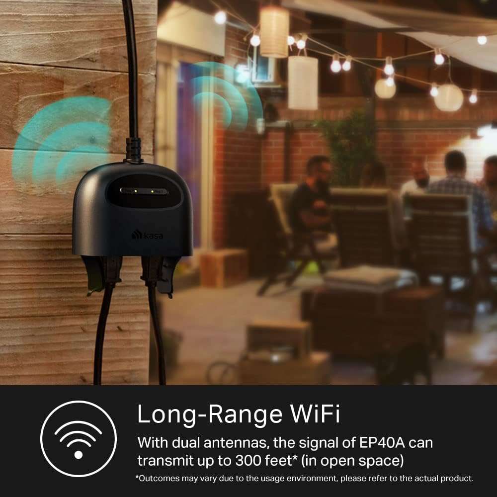 Kasa EP40A Outdoor Smart Plug installed in a garden with string lights.