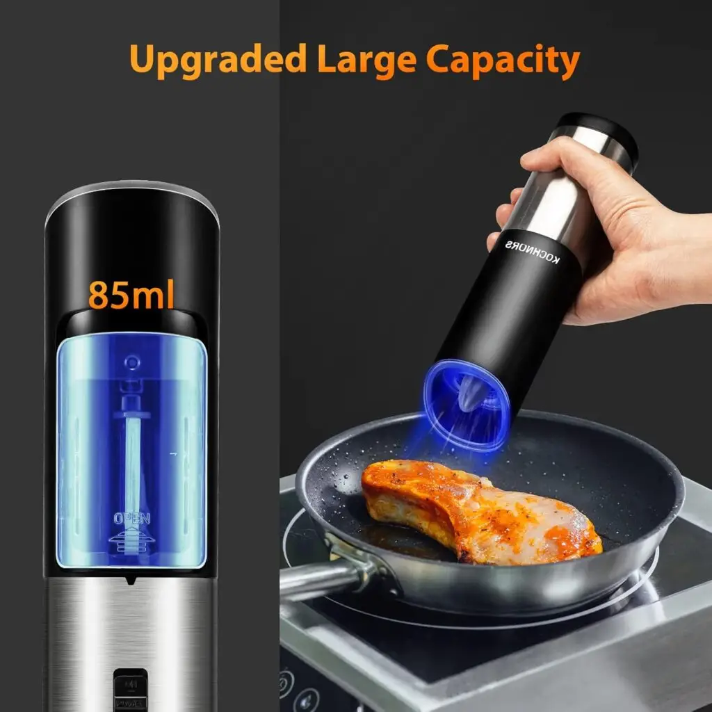USB-C rechargeable electric pepper grinder with adjustable coarseness settings and one-handed gravity operation, perfect for kitchens and BBQs. Sleek stainless steel design with ceramic blades.