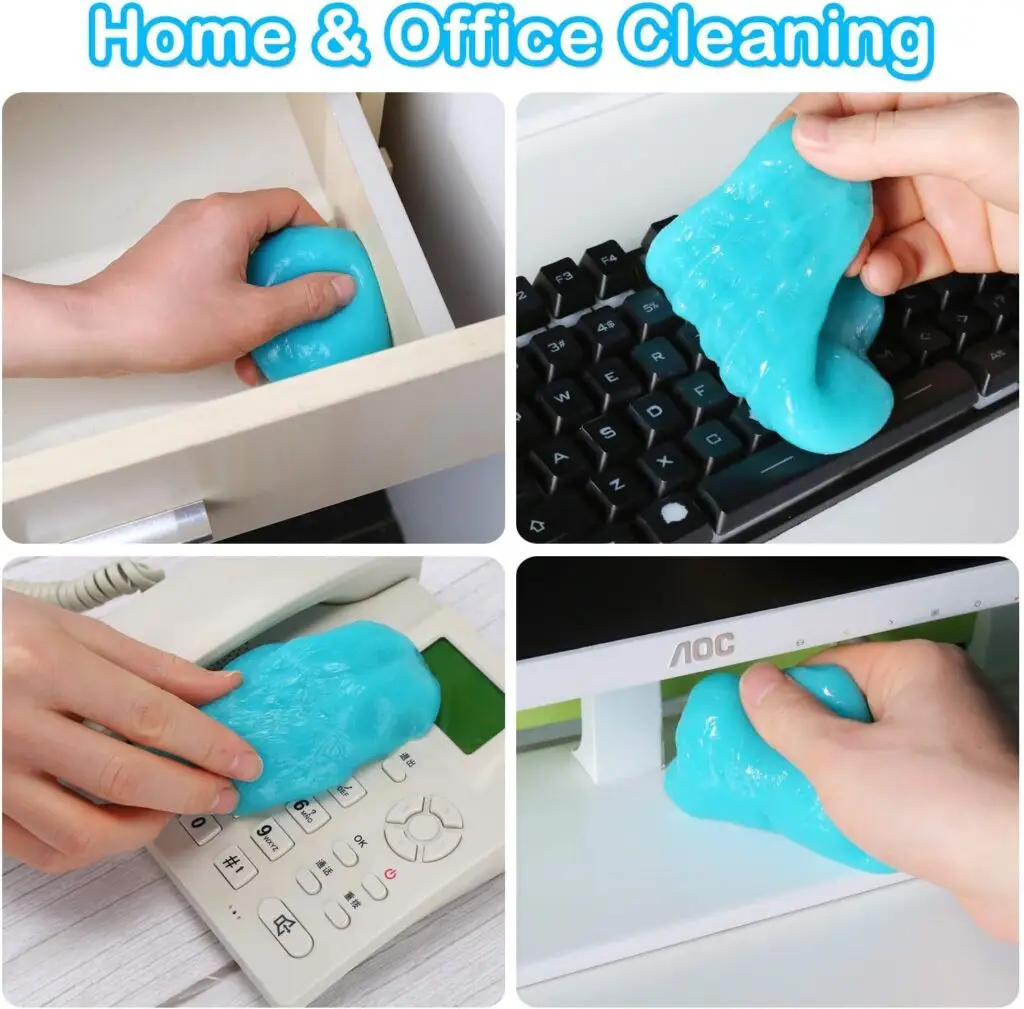 "PULIDIKI Blue Car Cleaning Gel removing dust from car air vents." "Close-up of PULIDIKI Gel lifting pet hair from car seats." "Car owner smiling while using PULIDIKI Cleaning Putty on a dashboard."