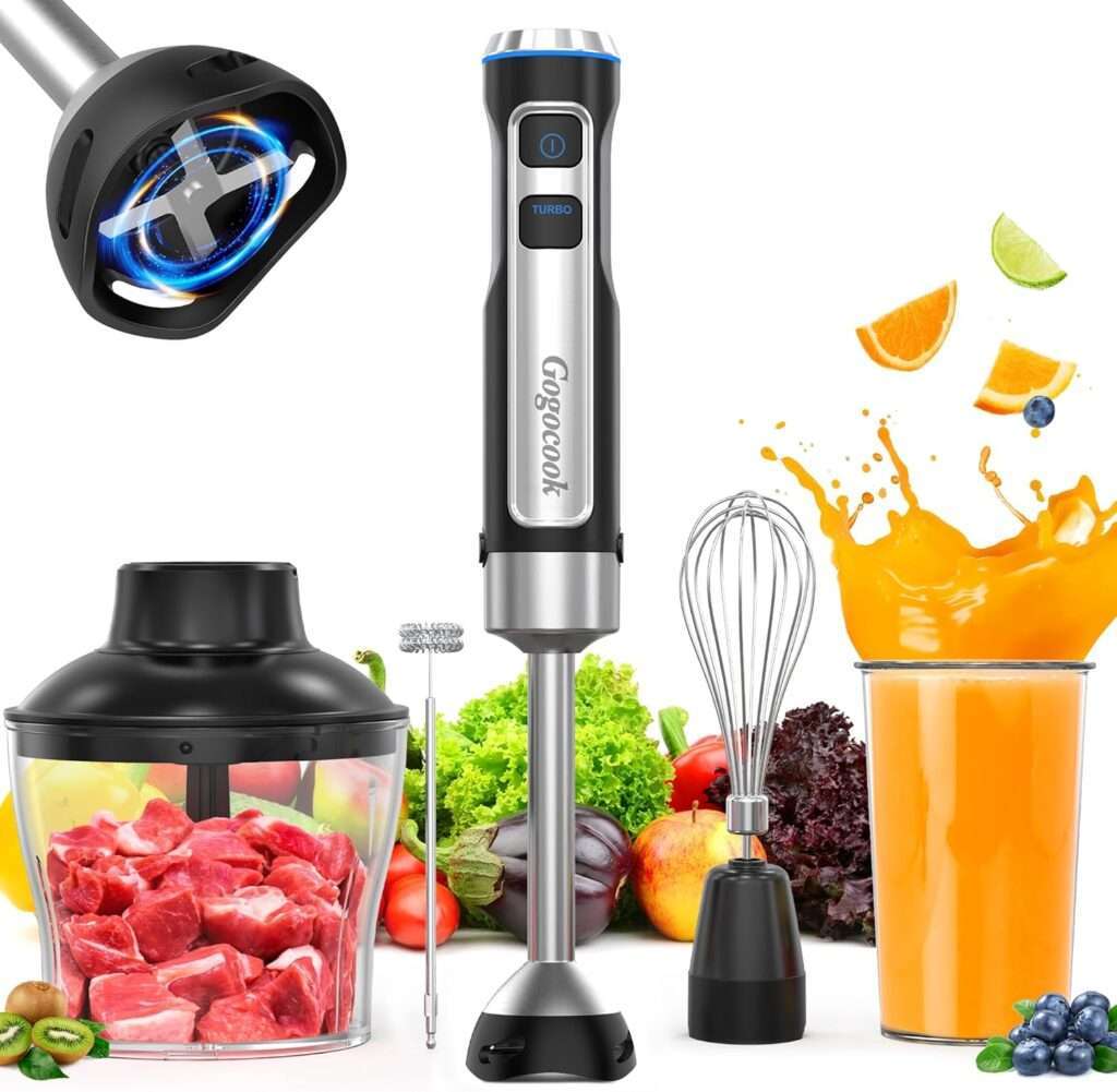 Immersion Blender 5-in-1 blending ingredients in a stainless steel pot, showcasing its ergonomic handle, compact design, and multifunction versatility for soups, sauces, and smoothies