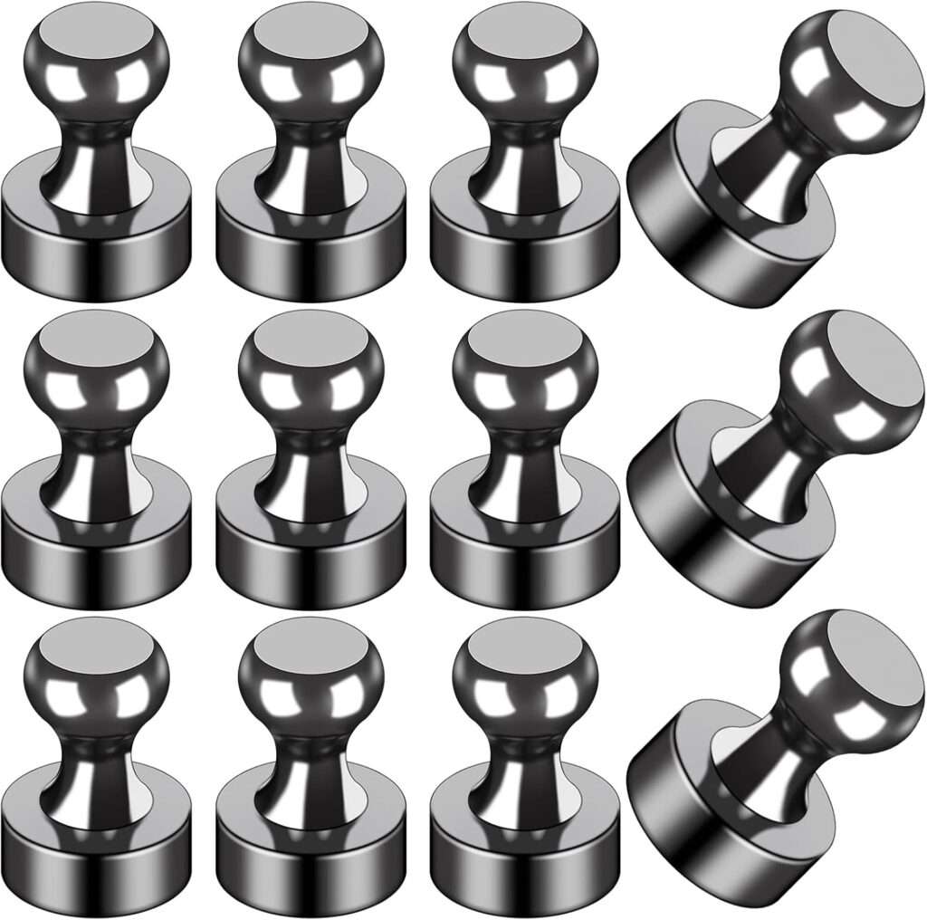 12 colorful heavy-duty magnet clips holding papers securely on a refrigerator and whiteboard, showcasing cute designs and strong hold for kitchen, office, and classroom organization.