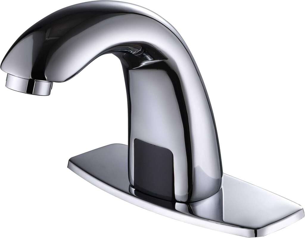 Sleek Charming Water Chrome Touchless Faucet in modern bathroom Close-up of hand activating Charming Water motion sensor faucet Charming Water faucet showing included chrome hole cover plate Clean chrome finish of Charming Water automatic bathroom sink faucet