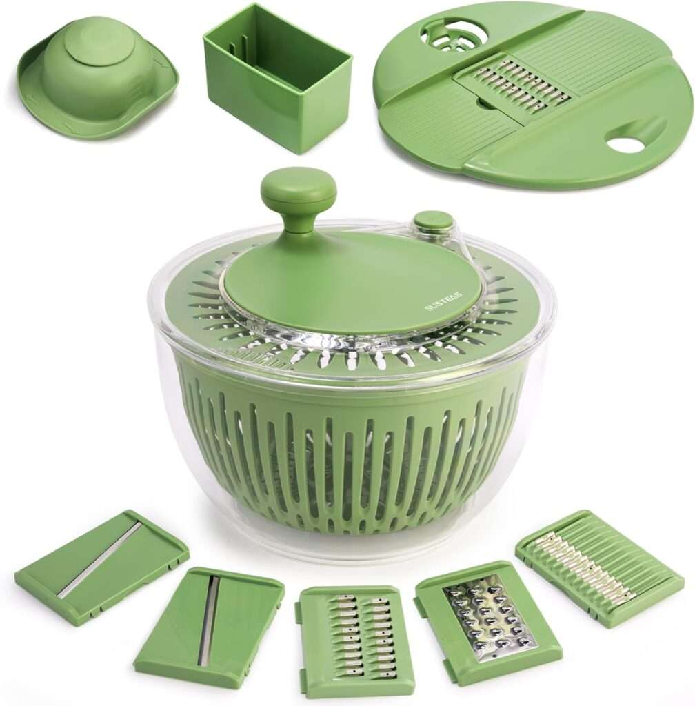 Conquer Your Greens & Streamline Prep: The SUSTEAS 4.25Qt Salad Spinner & Multi-Tool Marvel Tired of soggy salad? Frustrated by the tedious chore of washing and drying greens? Wish your kitchen gadgets could do more than one thing?
